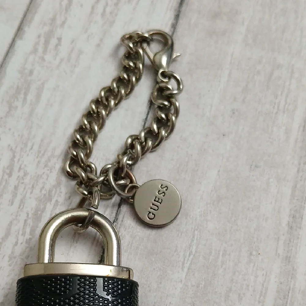 GUESS Black and Gold Padlock Charm Keychain with Logo Charm - Picture 2 of 4